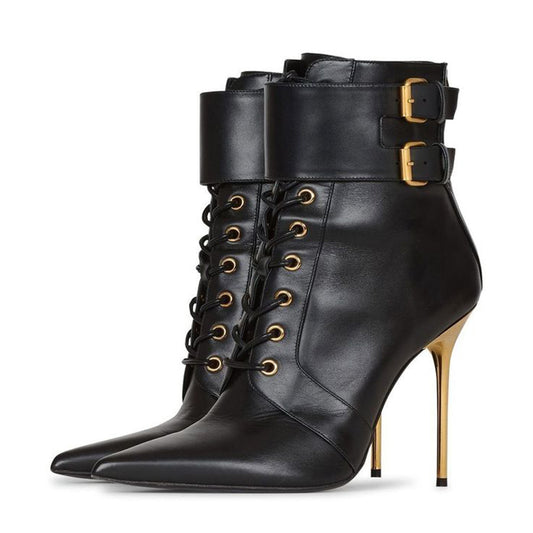 Black Lace Up Ankle Boots Pointed Toe Stiletto Heel Buckle Shoes