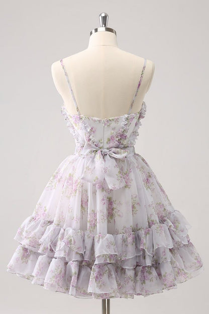 Vintage A-Line Homecoming Dress Spaghetti Straps Ruffled Floral Print Tiered Cocktail Dress TP3390