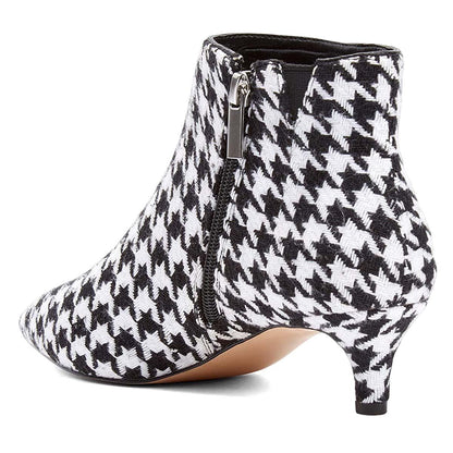 Women's Black and White Houndstooth Kitten Heel Ankle Boots with Zip