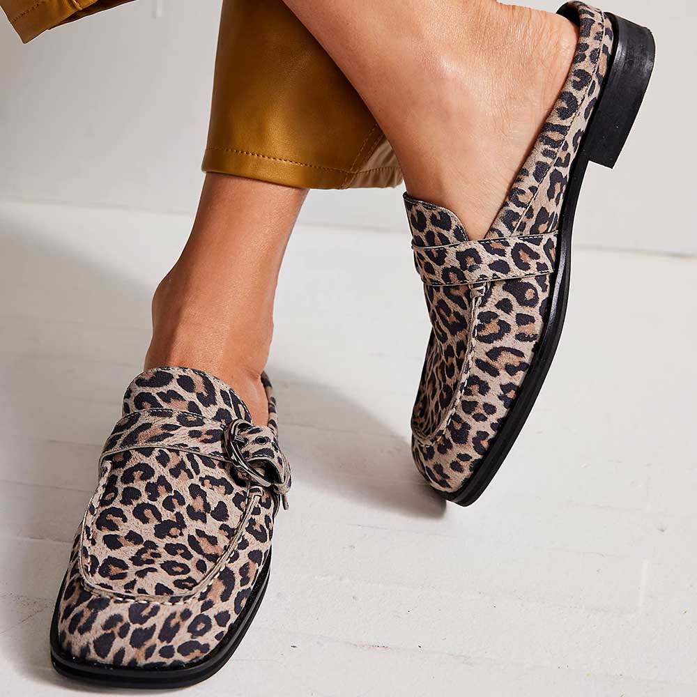 Beige Leopard Print Square Toe Flat Buckle Slip-On Mules Shoes