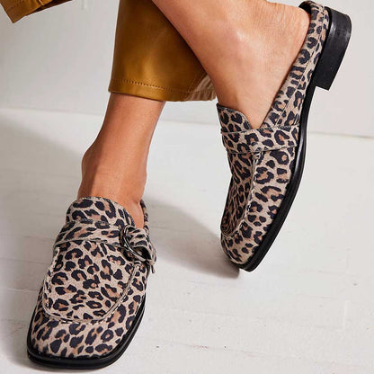 Beige Leopard Print Square Toe Flat Buckle Slip-On Mules Shoes