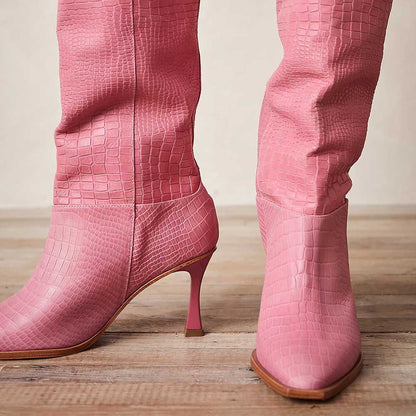 Pink Snip Toe 3'' Kitten Heel Wide Calf Croc Embossed Knee High Boots