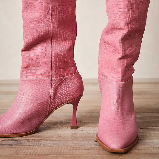 Pink Snip Toe 3'' Kitten Heel Wide Calf Croc Embossed Knee High Boots