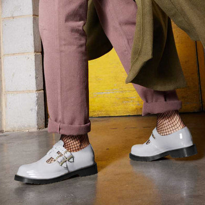 Gray Patent Leather Rounded Toe Flat Lug Sole Loafers with Buckles