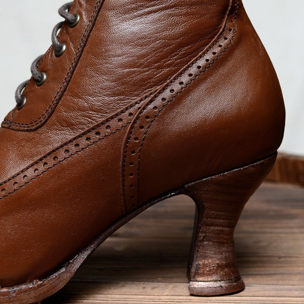 Brown Lace-Up Almond Toe Spool Heel Mid Calf Boots for Women