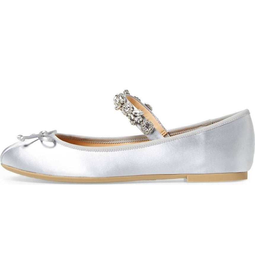 FSJ Women's Satin Round-Toe Rhinestone Strap Ballet Flats in Silver