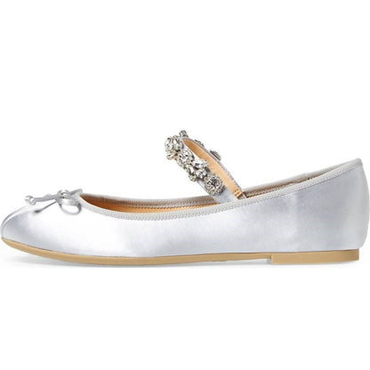 FSJ Women's Satin Round-Toe Rhinestone Strap Ballet Flats in Silver