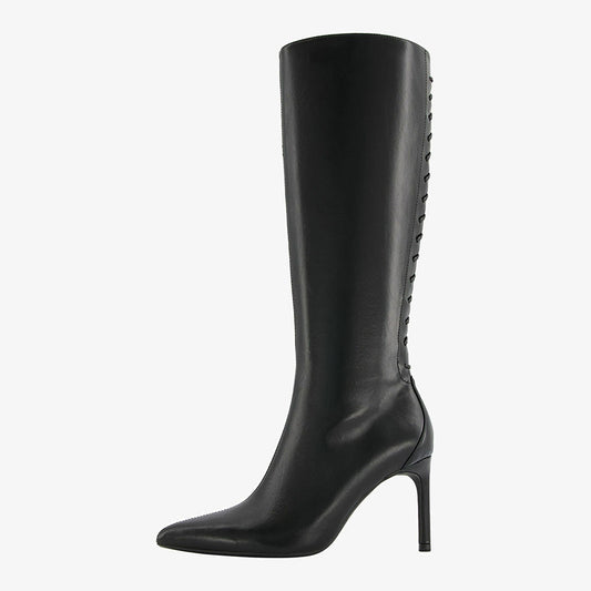 Black Pointed Toe Stiletto Heel Tie Detail Zipper Knee High Boots