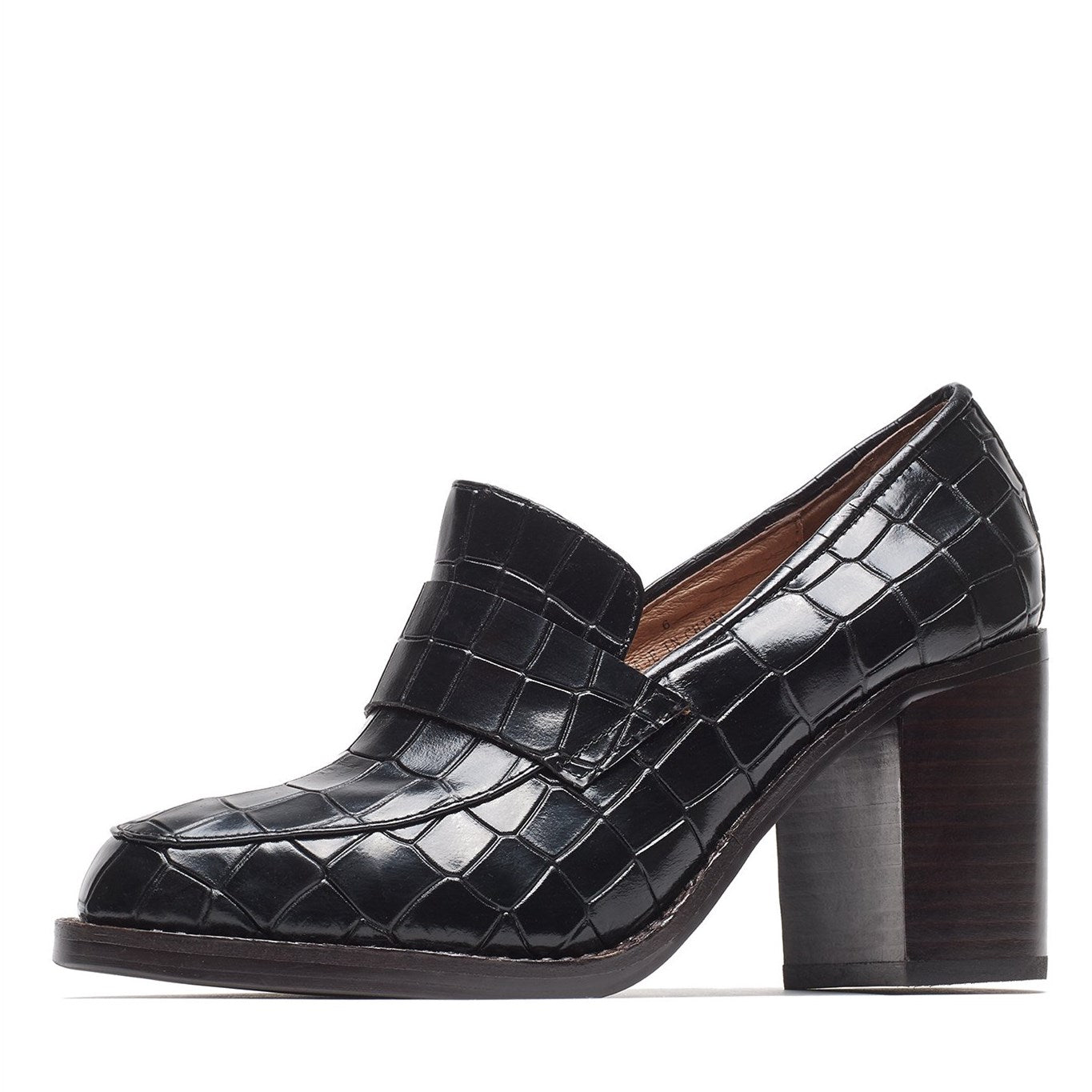 Black Round Toe Croco Embossed Heeled Loafers for Women