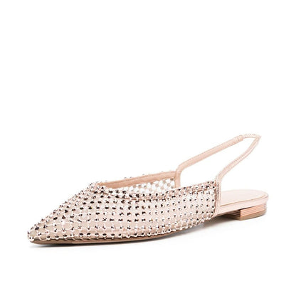 FSJ Nude Pointed Toe Mesh Rhinestone Slingback Flats