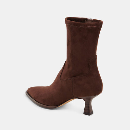 Women's Pointed Toe Spool Heel Zipper Mid Calf Boots in Brown