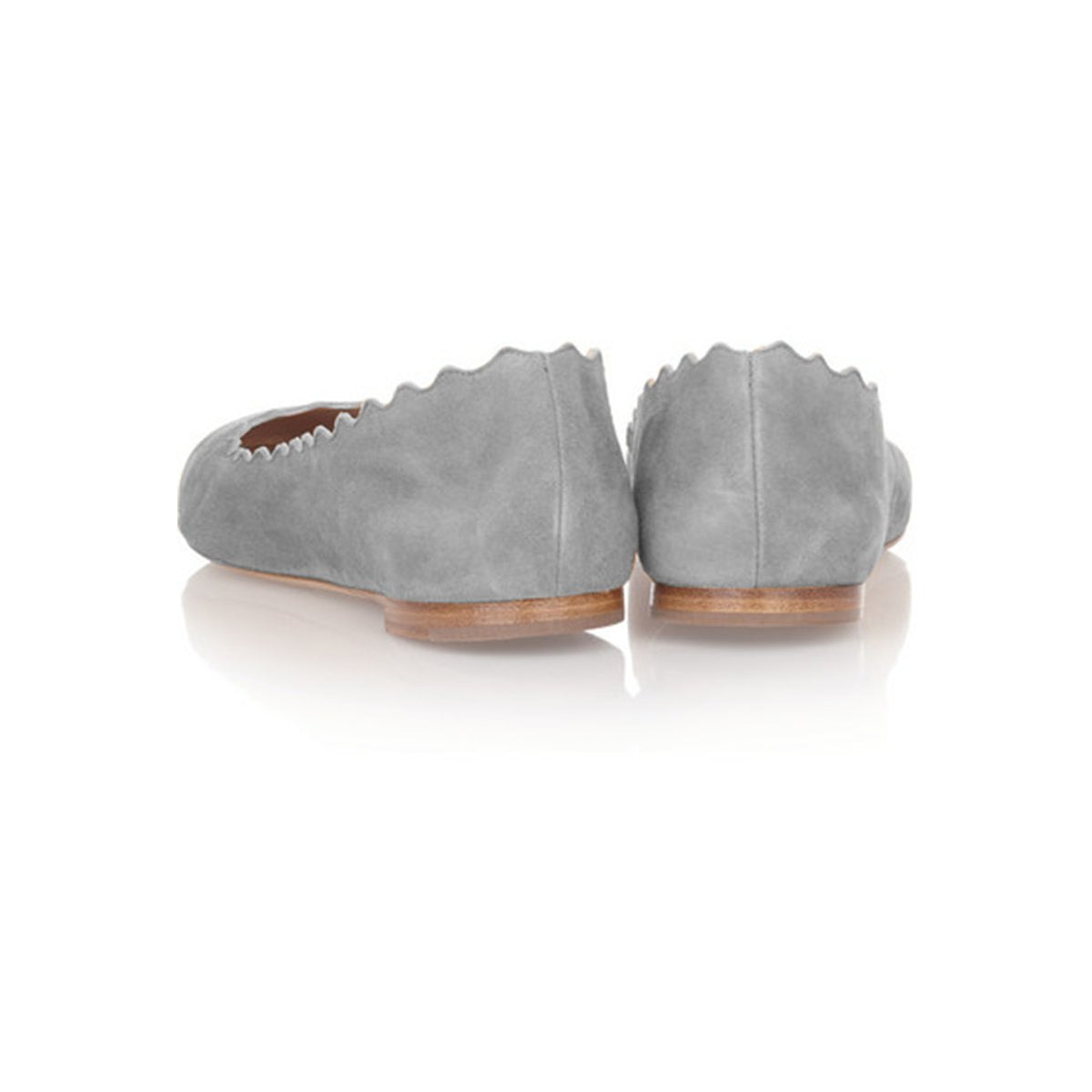Grey Vegan Suede Round Toe Scalloped Flats for Women