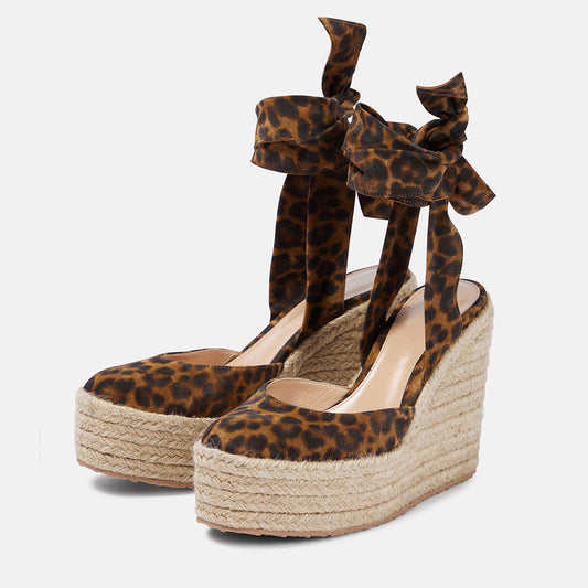 Leopard Print Round Toe Espadrille Wedges Lace Up Platform Sandals