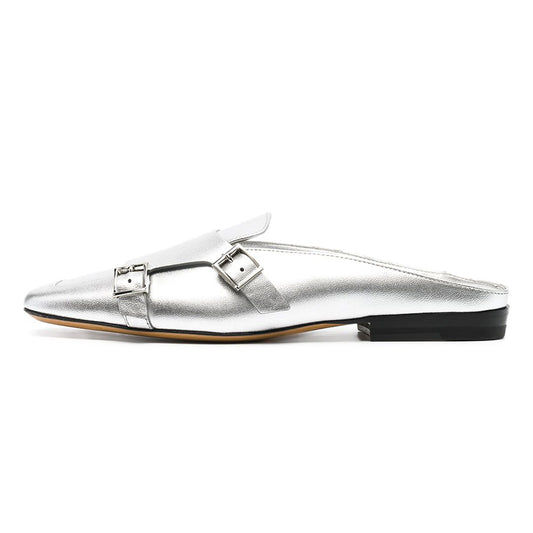 Women's Elegant Silver Round Toe Flat Mules Shoes with Buckle