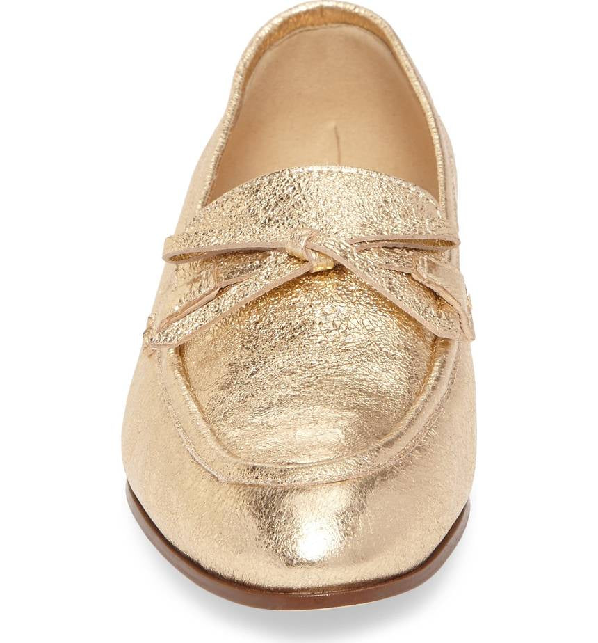 Gold Round Toe Bow Embellished Comfortable Flats Women's Loafers