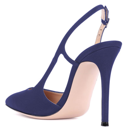 Women's Navy Pointed Toe Heels Buckle Slingback Pumps