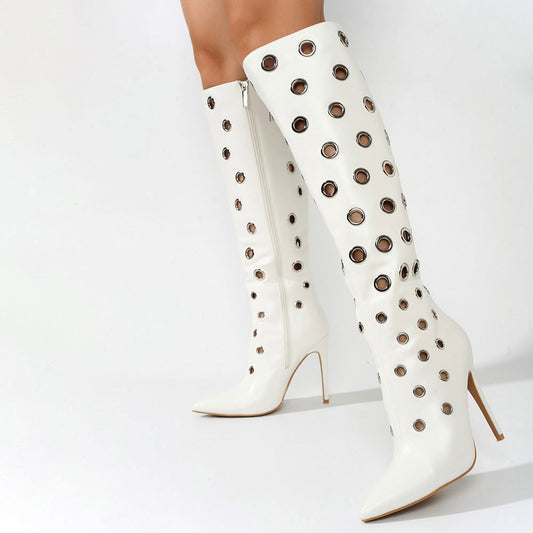 White Pointed Toe Stiletto Heel Grommets Embellished Knee High Boots