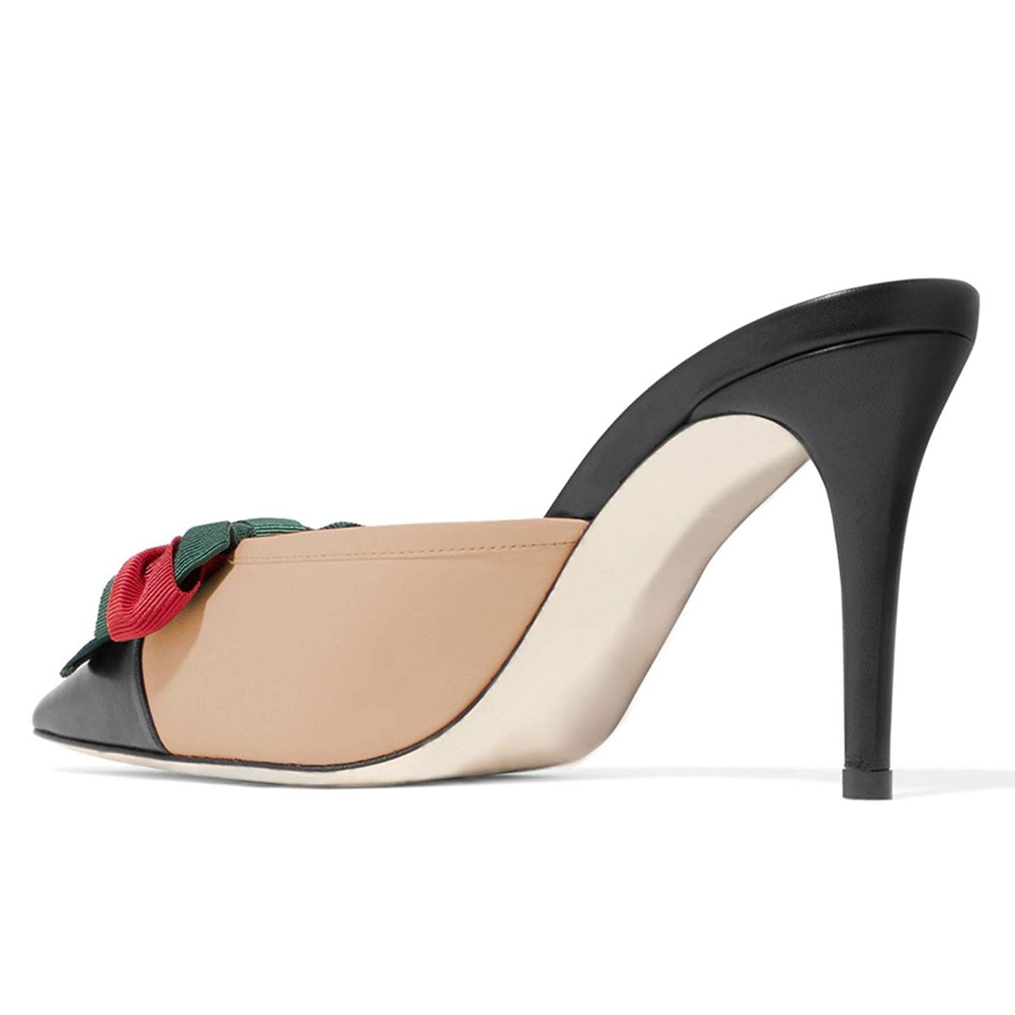 Women's Black and Nude Bow Stiletto Heel Mules Shoes