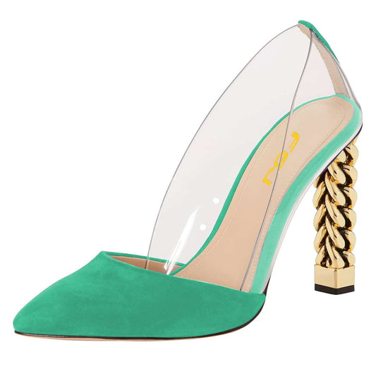 Women's Turquoise Transparent PVC Vegan Suede Chunky Heels Pumps