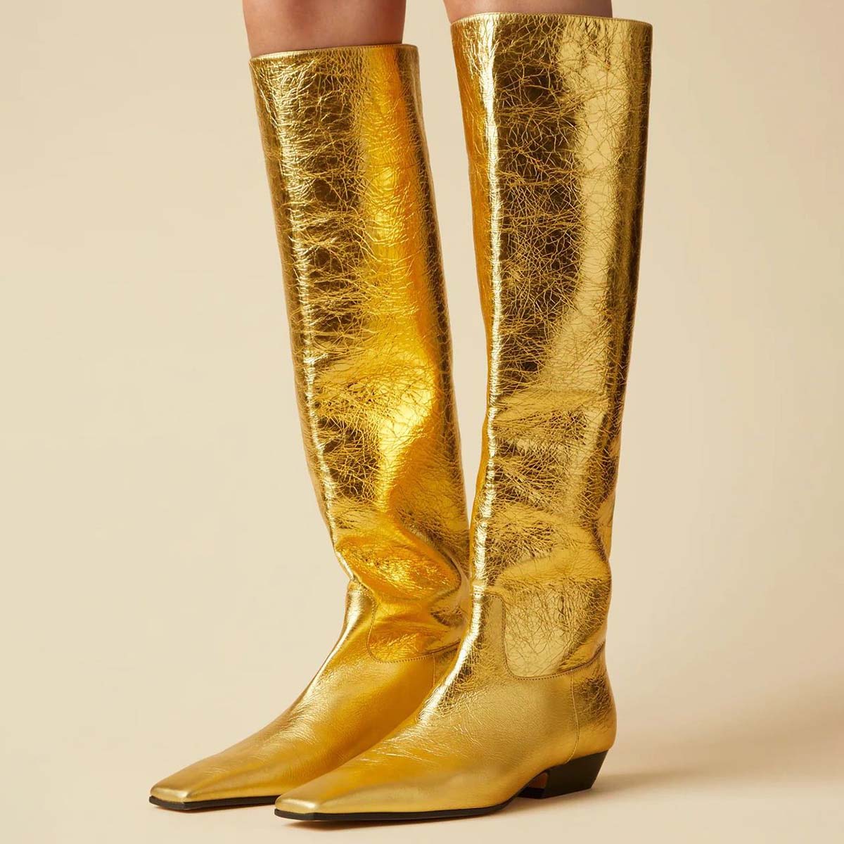 Gold Metallic Low Heel Knee High Boots for Women with Square Toe
