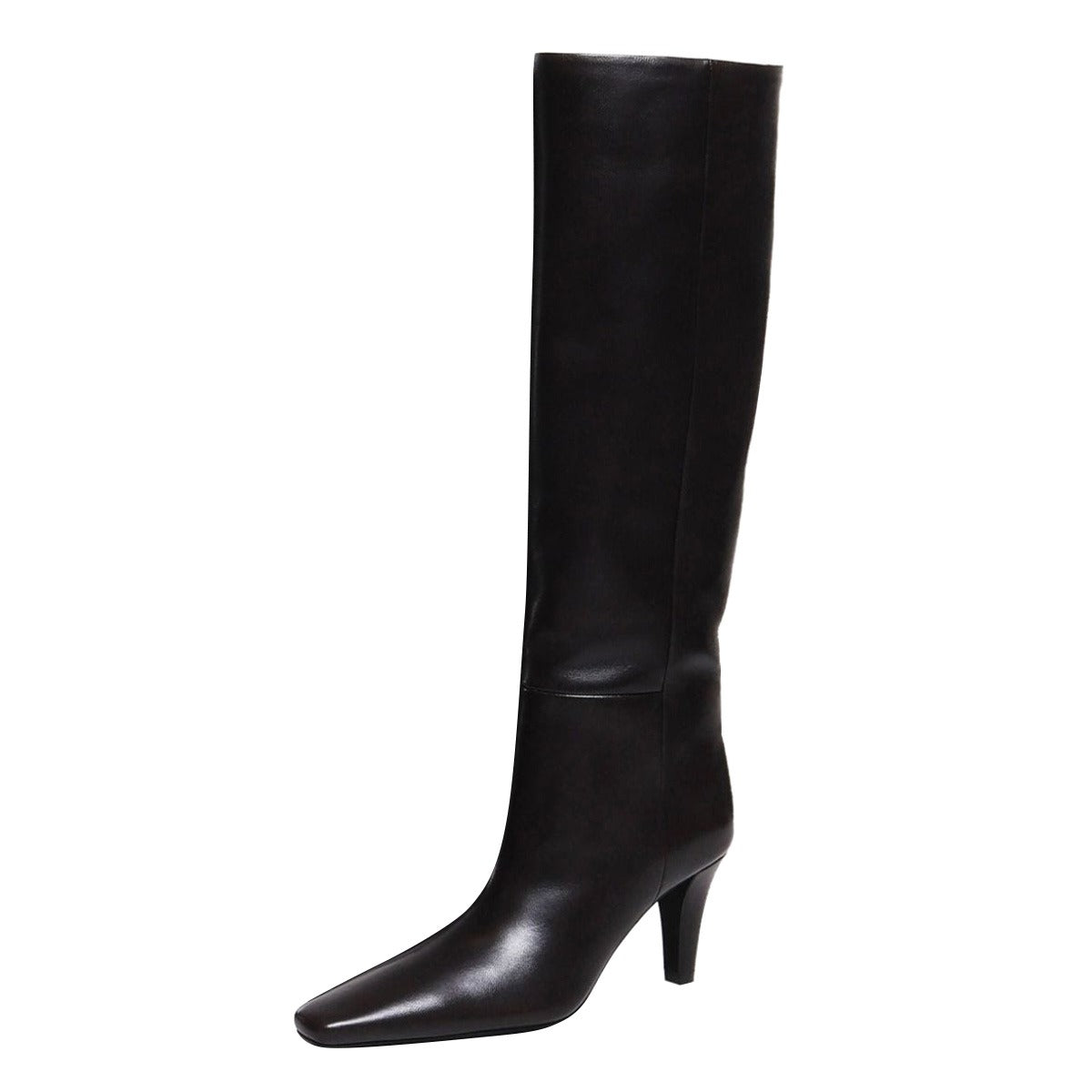 Simple Black Square Toe Cone Heel Vegan Leather Knee High Boots