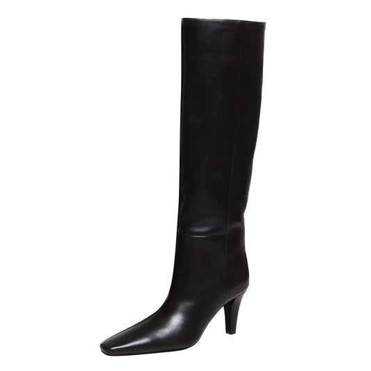 Simple Black Square Toe Cone Heel Vegan Leather Knee High Boots