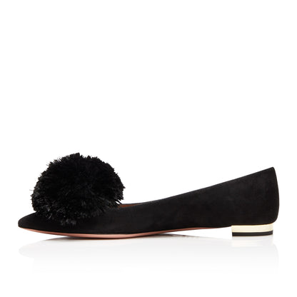 Black Cute Pom Pom Shoes Vegan Suede Pointy Toe Casual Flats