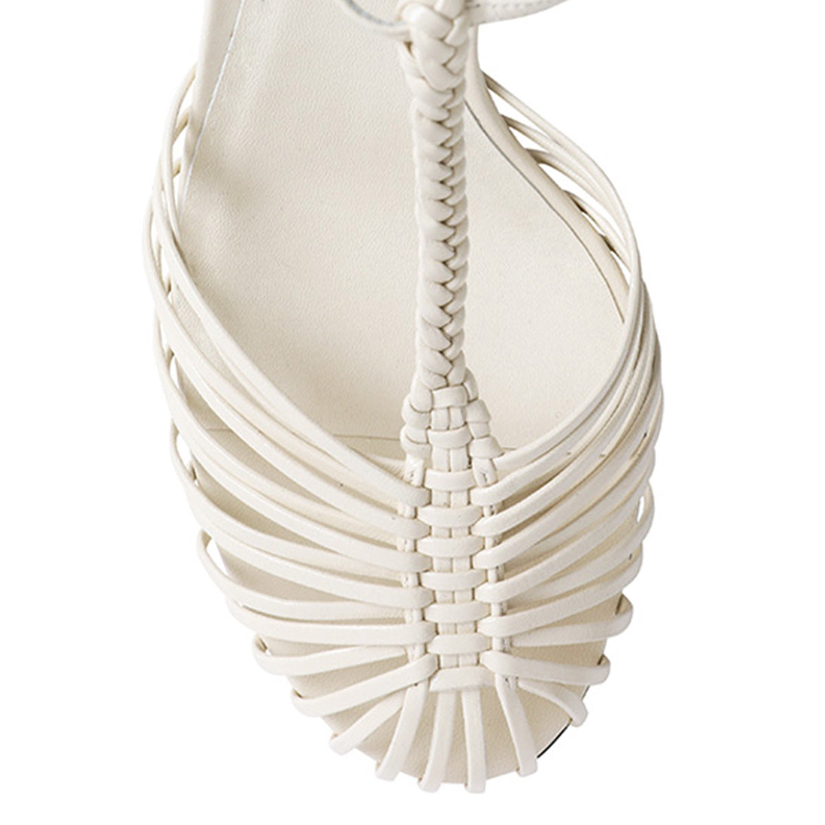 Ivory Woven Buckle T-Strap Cut-Out Stiletto Heel Pumps for Women