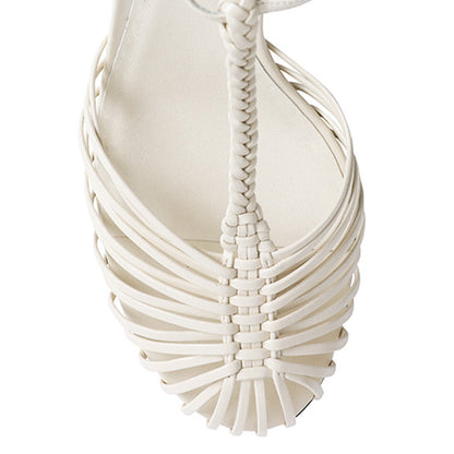 Ivory Woven Buckle T-Strap Cut-Out Stiletto Heel Pumps for Women