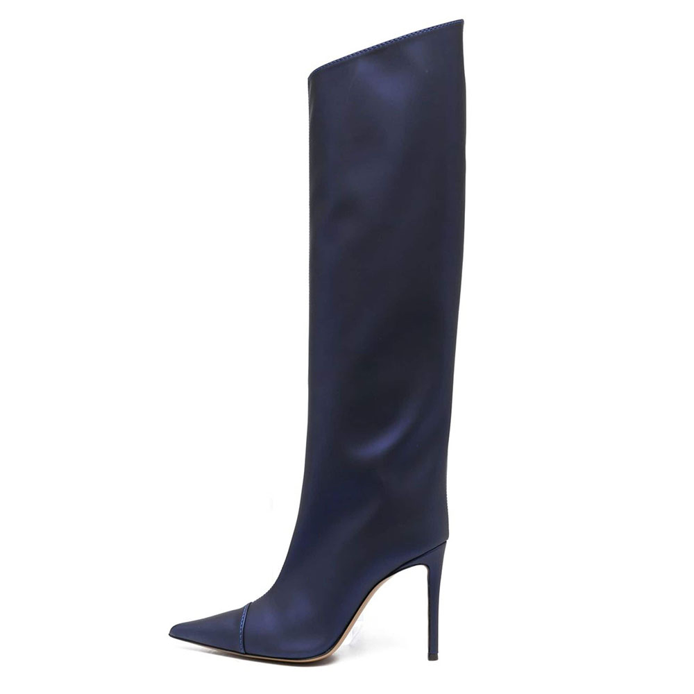 FSJ Navy Pointed Toe Stiletto Heel Knee High Boots with Zipper