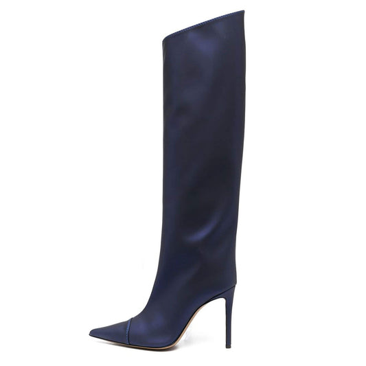 FSJ Navy Pointed Toe Stiletto Heel Knee High Boots with Zipper