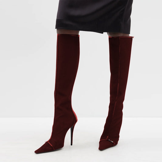 Red Mesh Pointed Toe Stiletto Heel Buckle Strap Zip Knee High Boots