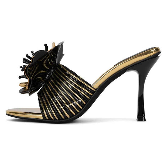 Black & Gold Open Toe Floral Decor Stiletto Heel Mules Sandals