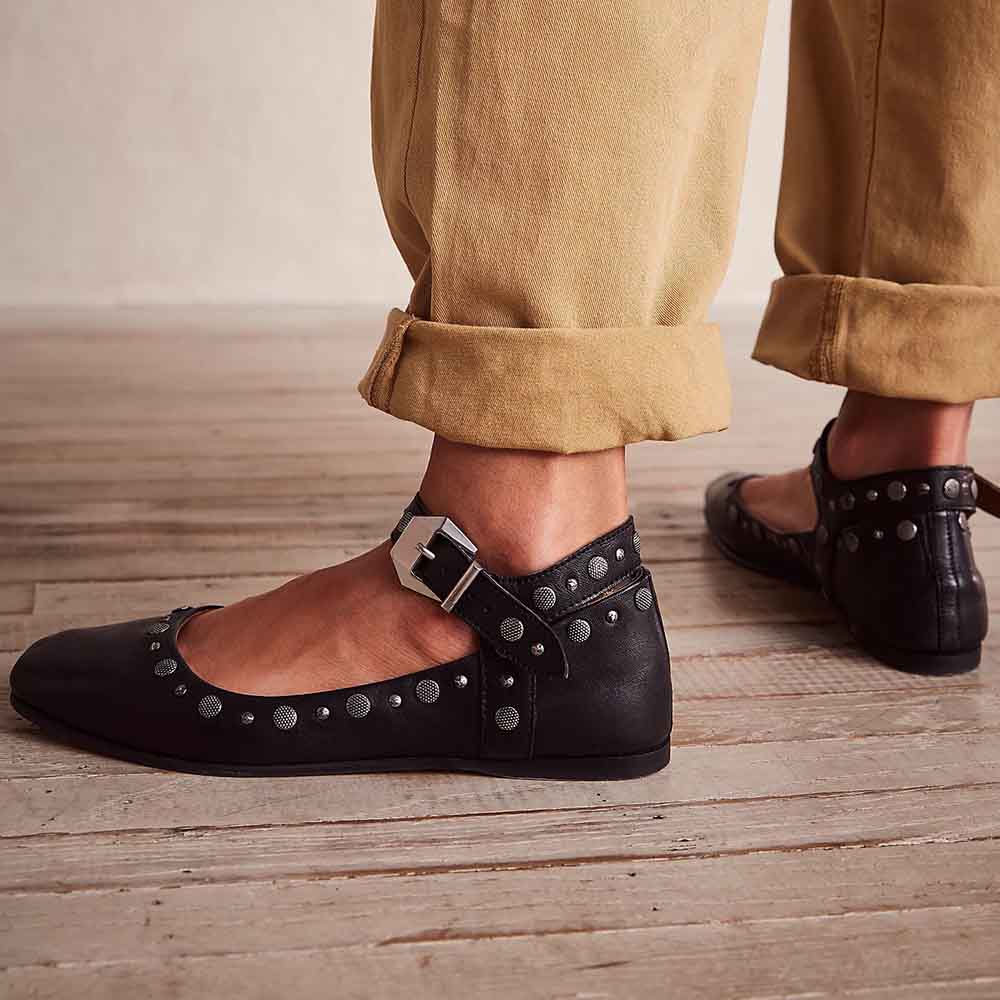 Black Square Toe Buckle Studded Mary Jane Flats for Women