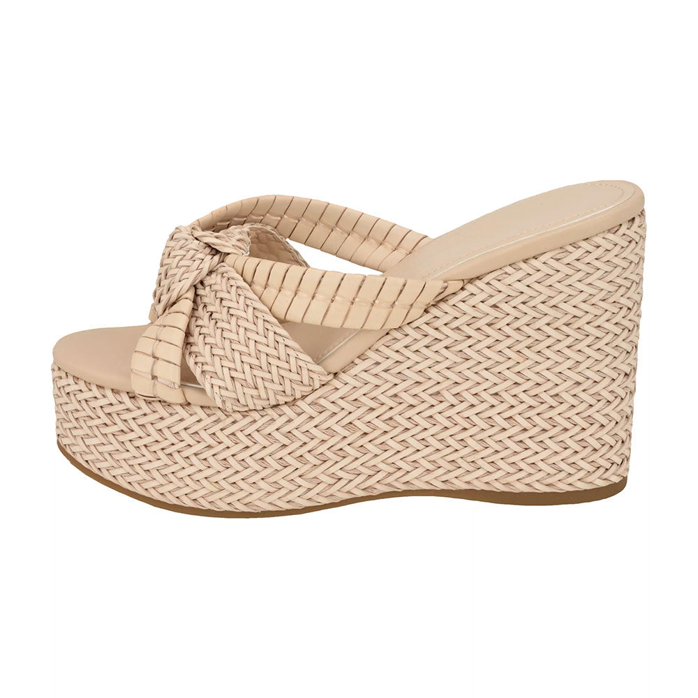 Beige Woven Open Toe Wedge Heel Knot Mules Sandals with Platform