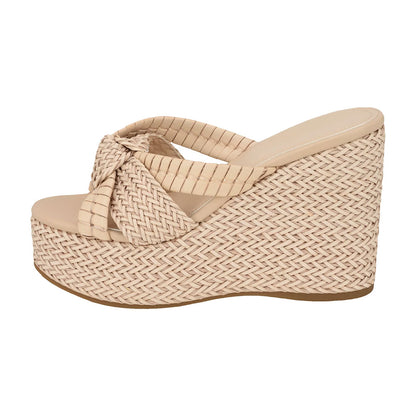 Beige Woven Open Toe Wedge Heel Knot Mules Sandals with Platform