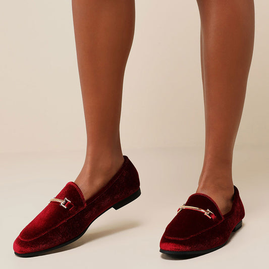 Classic Maroon Velvet Round Toe Flats Metal Horsebit Women's Loafers