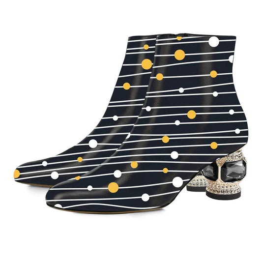 Black Vegan Leather Pointed Toe Decorative Heel Side-Zip Ankle Boots