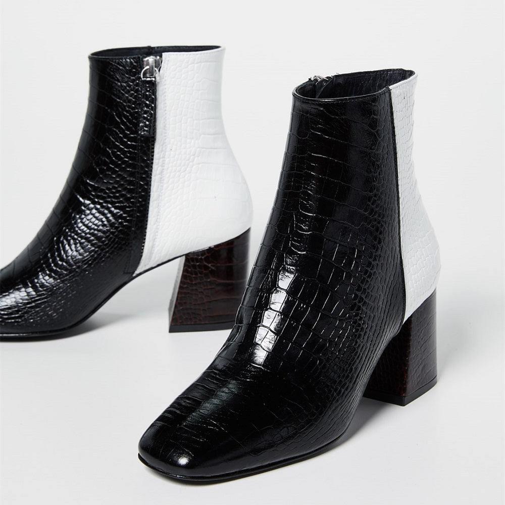 Black and White Crocodile Embossed Square Toe Block Heel Ankle Boots