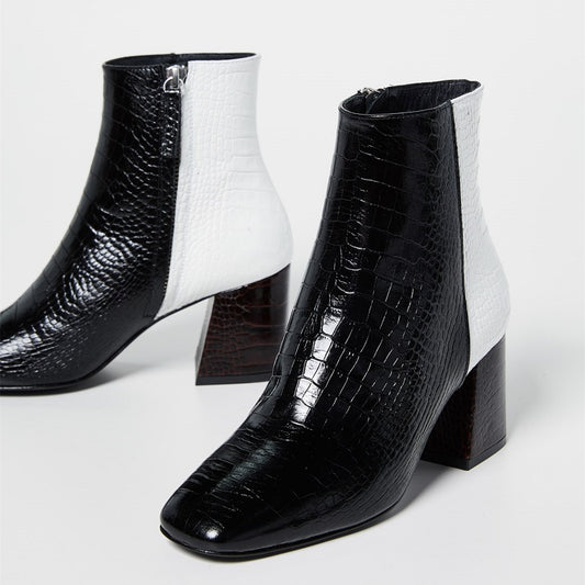 Black and White Crocodile Embossed Square Toe Block Heel Ankle Boots