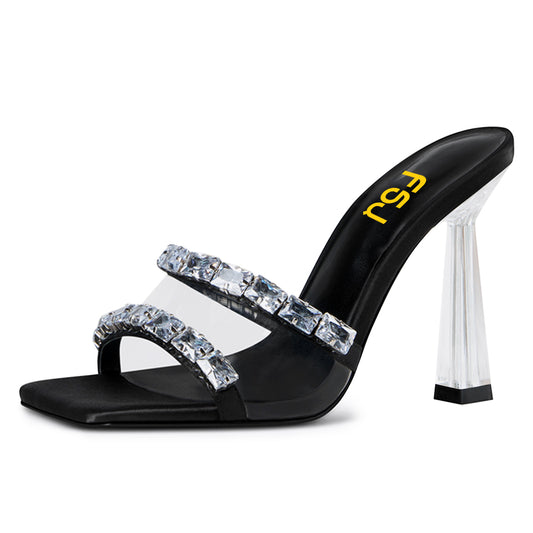 Black & Clear Square Toe Crystal Embellished Heeled Mules Sandals