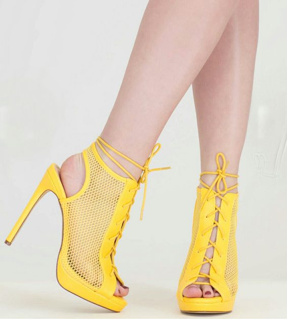 Yellow Mesh Platform Ankle Boots Hollow Out Slingback Lace-Up Sandals