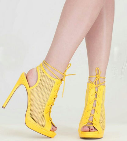 Yellow Mesh Platform Ankle Boots Hollow Out Slingback Lace-Up Sandals