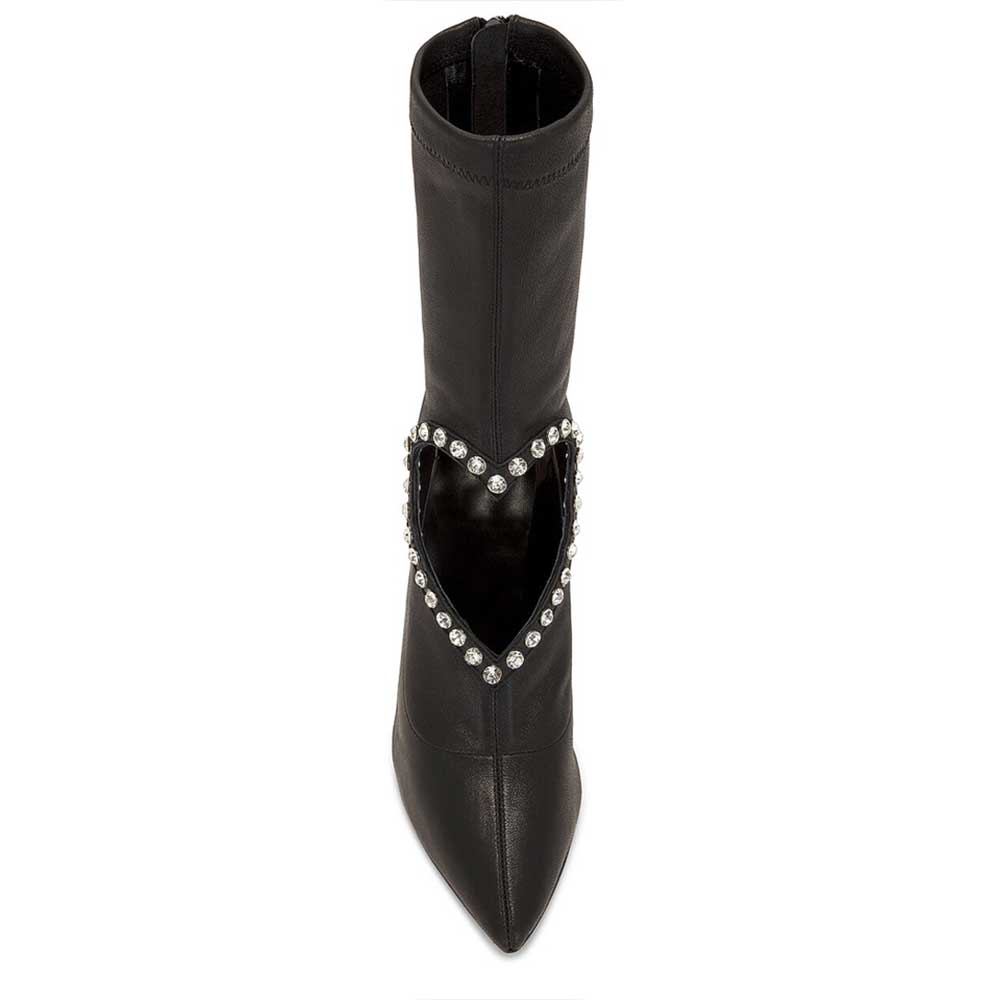 Black Women's Rhinestone Heart-Shaped Cutout Mid Calf Boots