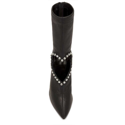 Black Women's Rhinestone Heart-Shaped Cutout Mid Calf Boots