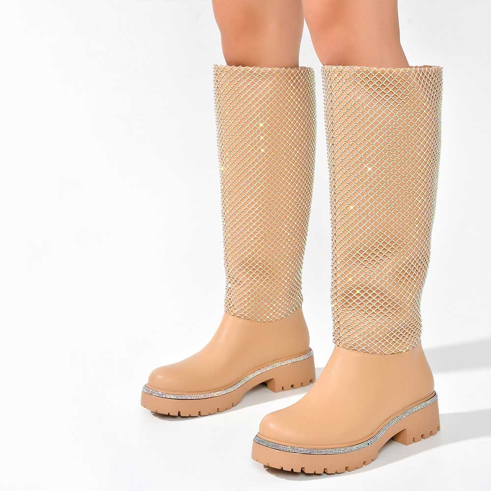 FSJ Nude Round Toe Rhinestone Mesh Chunky Heel Knee High Boots