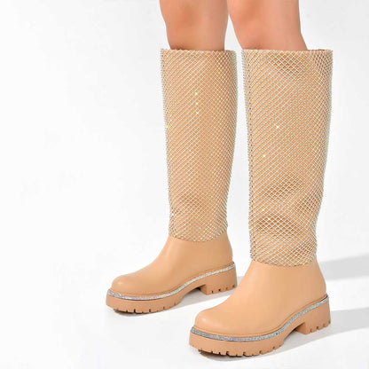 FSJ Nude Round Toe Rhinestone Mesh Chunky Heel Knee High Boots