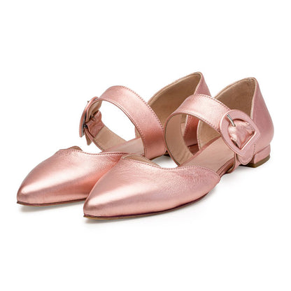 Light Pink Metallic Finish Pointed Toe Buckle Strap Mary Jane Flats