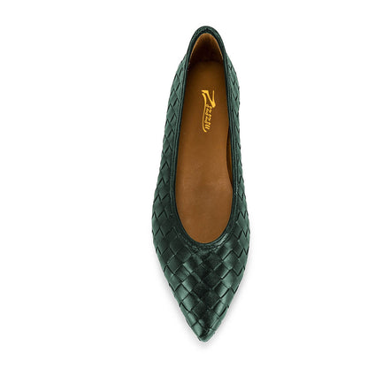 Women's Dark Green Comfy Vegan Leather Woven Pointed Toe Flats