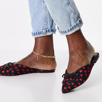 Black & Red Heart Print Shoes Women's Pointed Toe Flat Mules